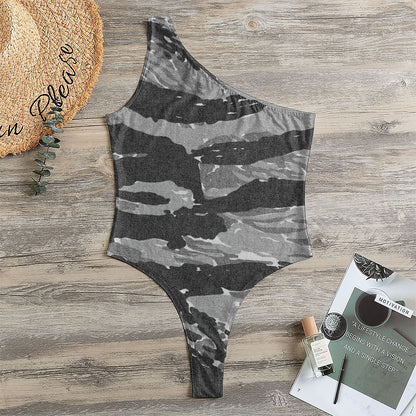 Grey Tiger Stripe Camouflage Print One Shoulder Bodysuit