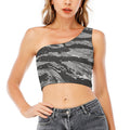 Grey Tiger Stripe Camouflage Print One Shoulder Crop Top