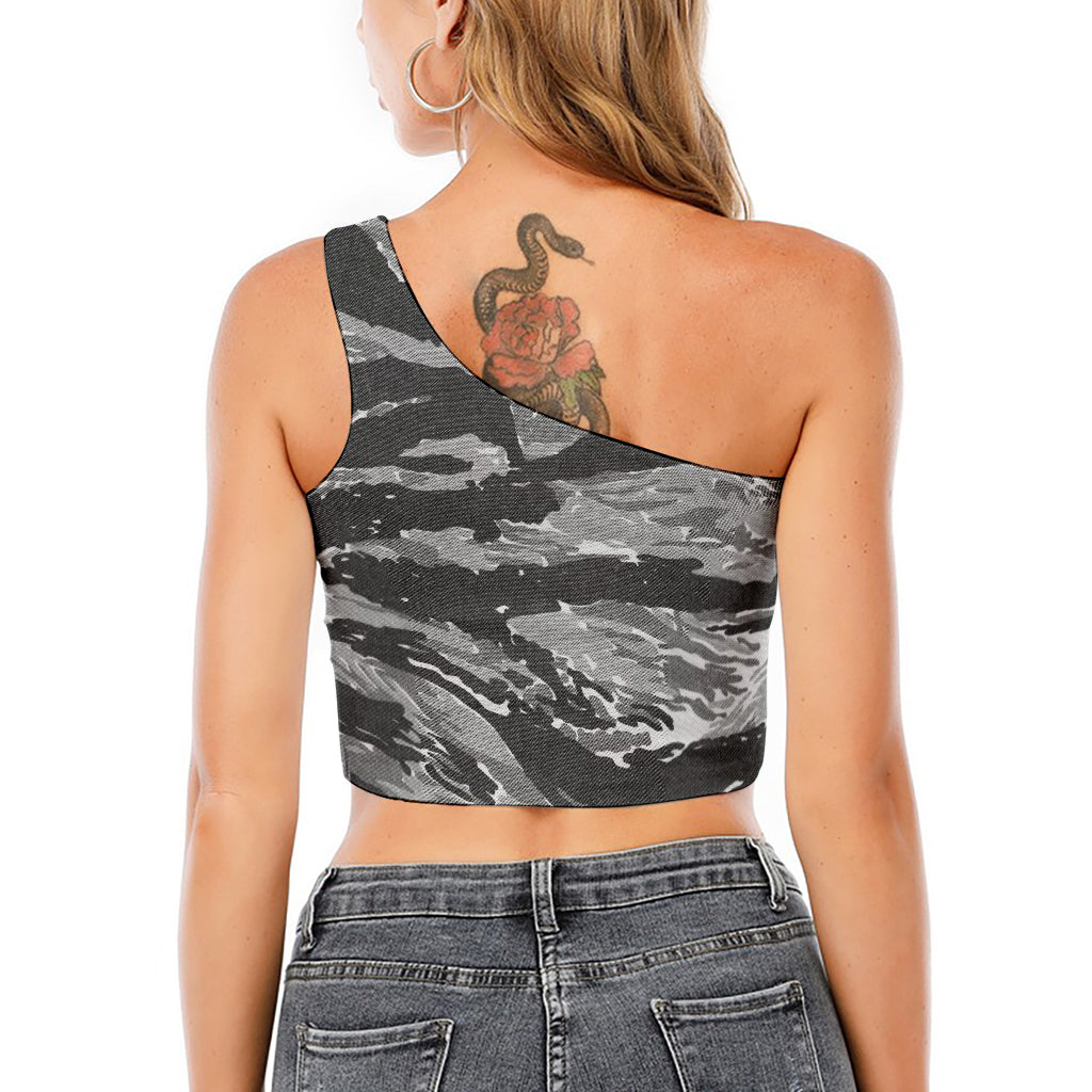 Grey Tiger Stripe Camouflage Print One Shoulder Crop Top