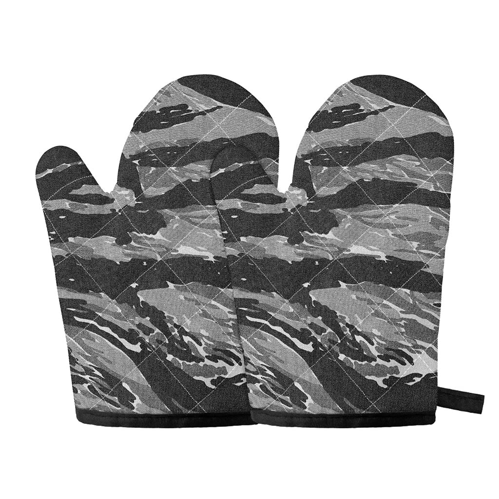 Grey Tiger Stripe Camouflage Print Oven Mitts
