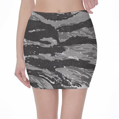Grey Tiger Stripe Camouflage Print Pencil Mini Skirt