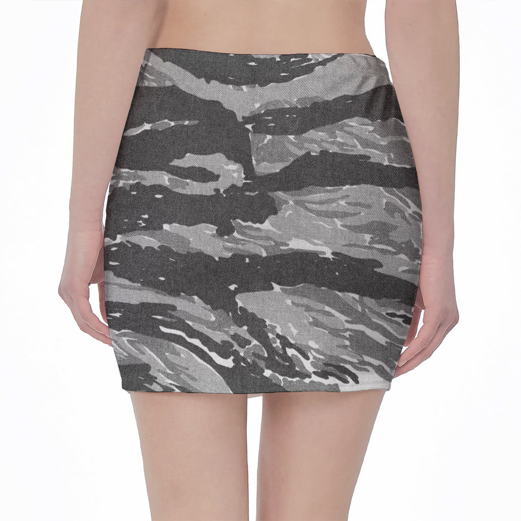 Grey Tiger Stripe Camouflage Print Pencil Mini Skirt
