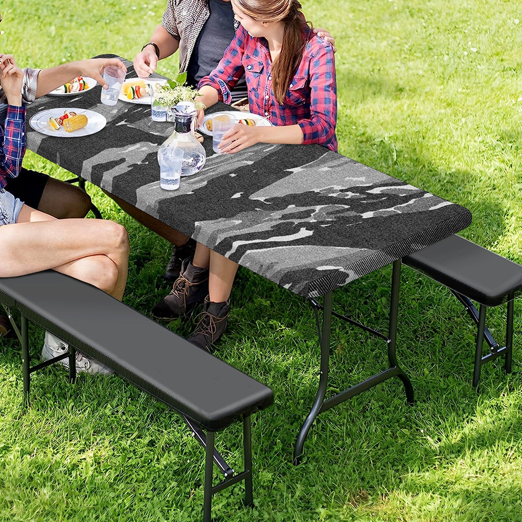 Grey Tiger Stripe Camouflage Print Picnic Table Cover
