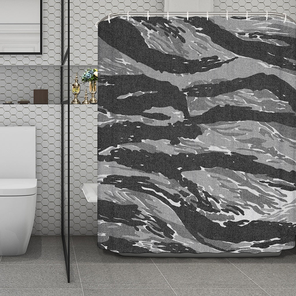 Grey Tiger Stripe Camouflage Print Polyester Shower Curtain