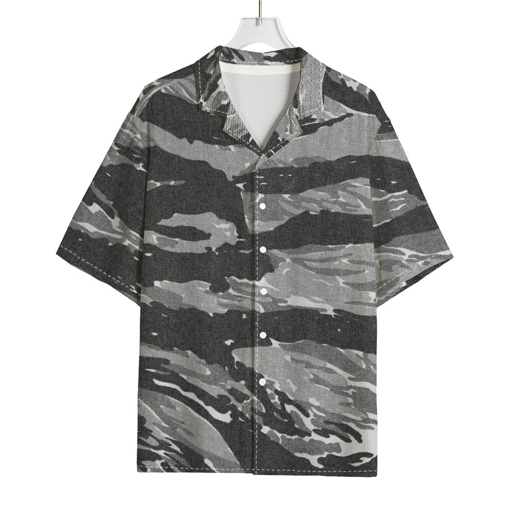 Grey Tiger Stripe Camouflage Print Rayon Hawaiian Shirt