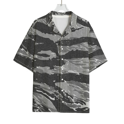 Grey Tiger Stripe Camouflage Print Rayon Hawaiian Shirt