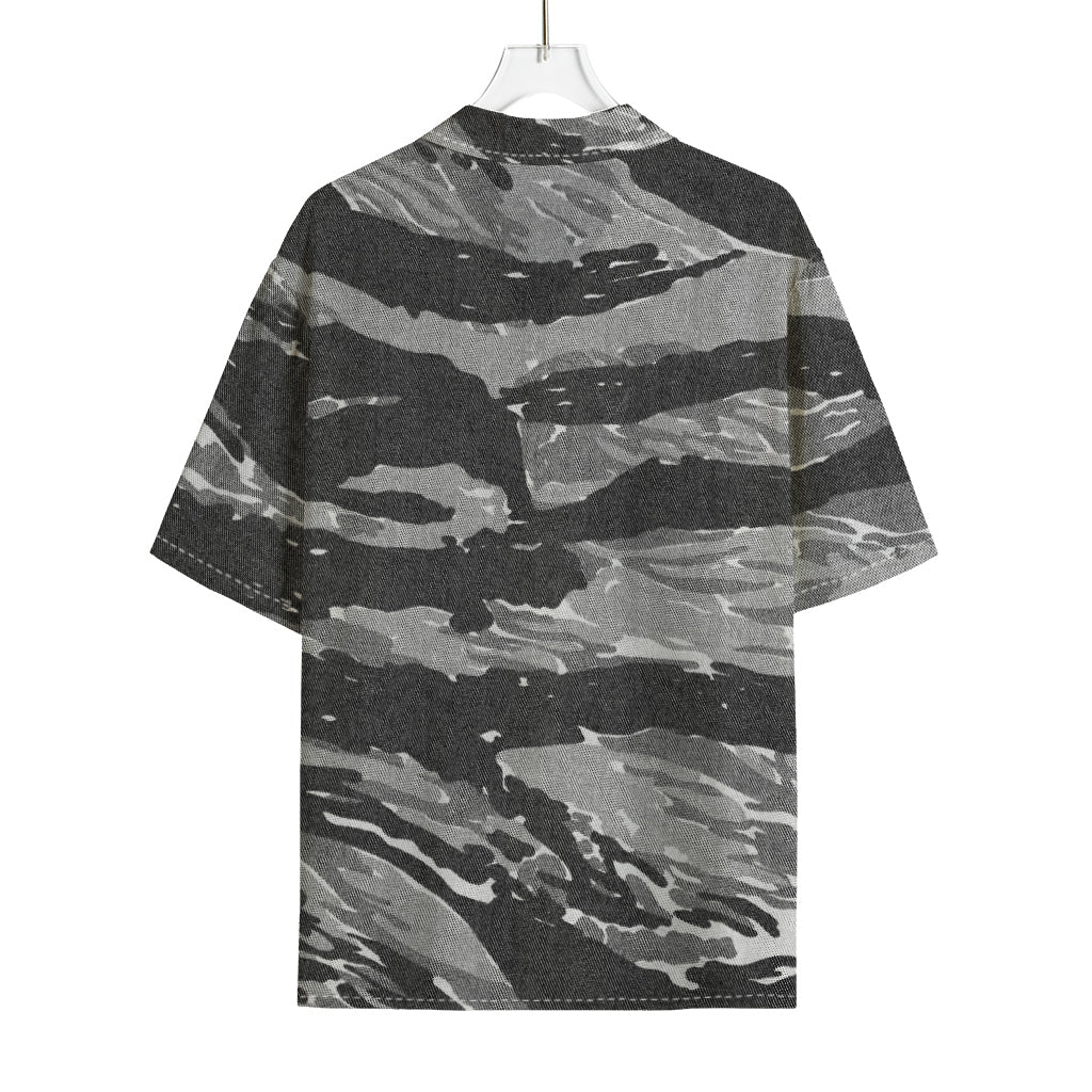 Grey Tiger Stripe Camouflage Print Rayon Hawaiian Shirt