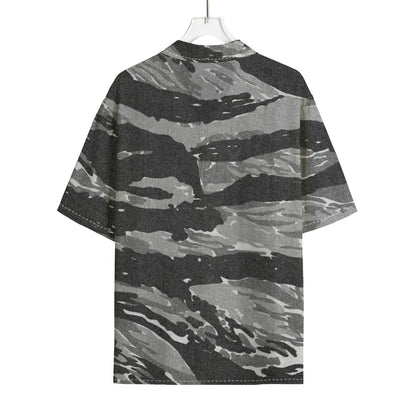 Grey Tiger Stripe Camouflage Print Rayon Hawaiian Shirt