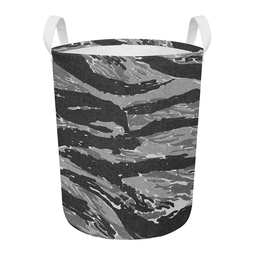 Grey Tiger Stripe Camouflage Print Round Laundry Basket