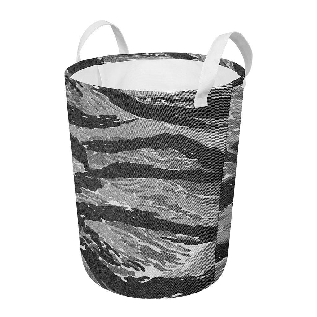 Grey Tiger Stripe Camouflage Print Round Laundry Basket