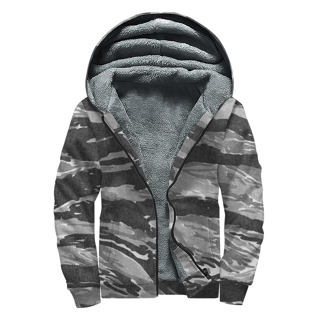 Grey Tiger Stripe Camouflage Print Sherpa Lined Zip Up Hoodie