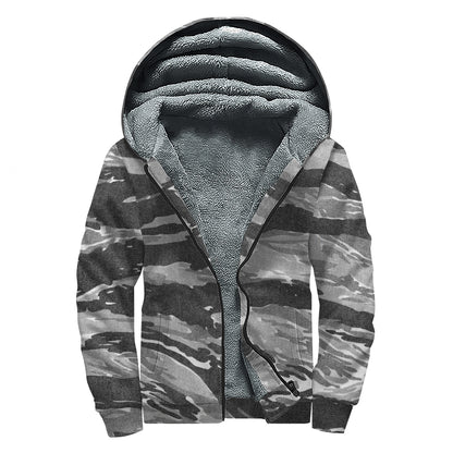 Grey Tiger Stripe Camouflage Print Sherpa Lined Zip Up Hoodie