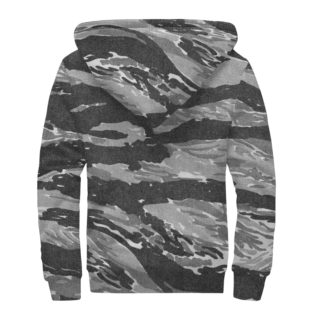 Grey Tiger Stripe Camouflage Print Sherpa Lined Zip Up Hoodie