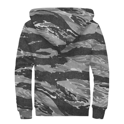 Grey Tiger Stripe Camouflage Print Sherpa Lined Zip Up Hoodie