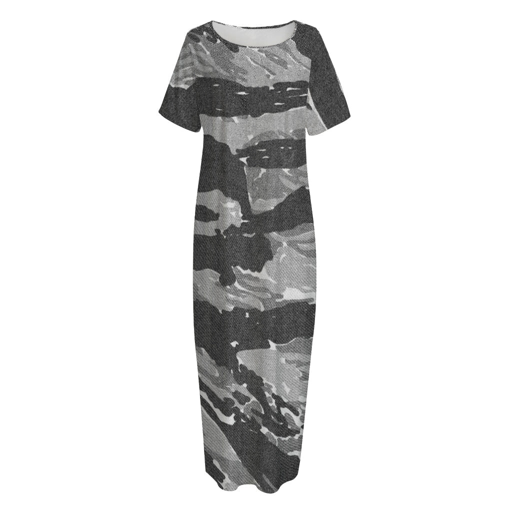 Grey Tiger Stripe Camouflage Print Short Sleeve Long Nightdress