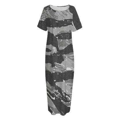 Grey Tiger Stripe Camouflage Print Short Sleeve Long Nightdress