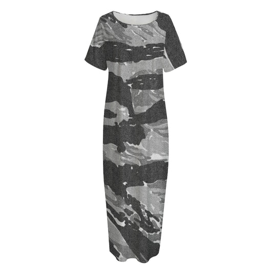 Grey Tiger Stripe Camouflage Print Short Sleeve Long Nightdress