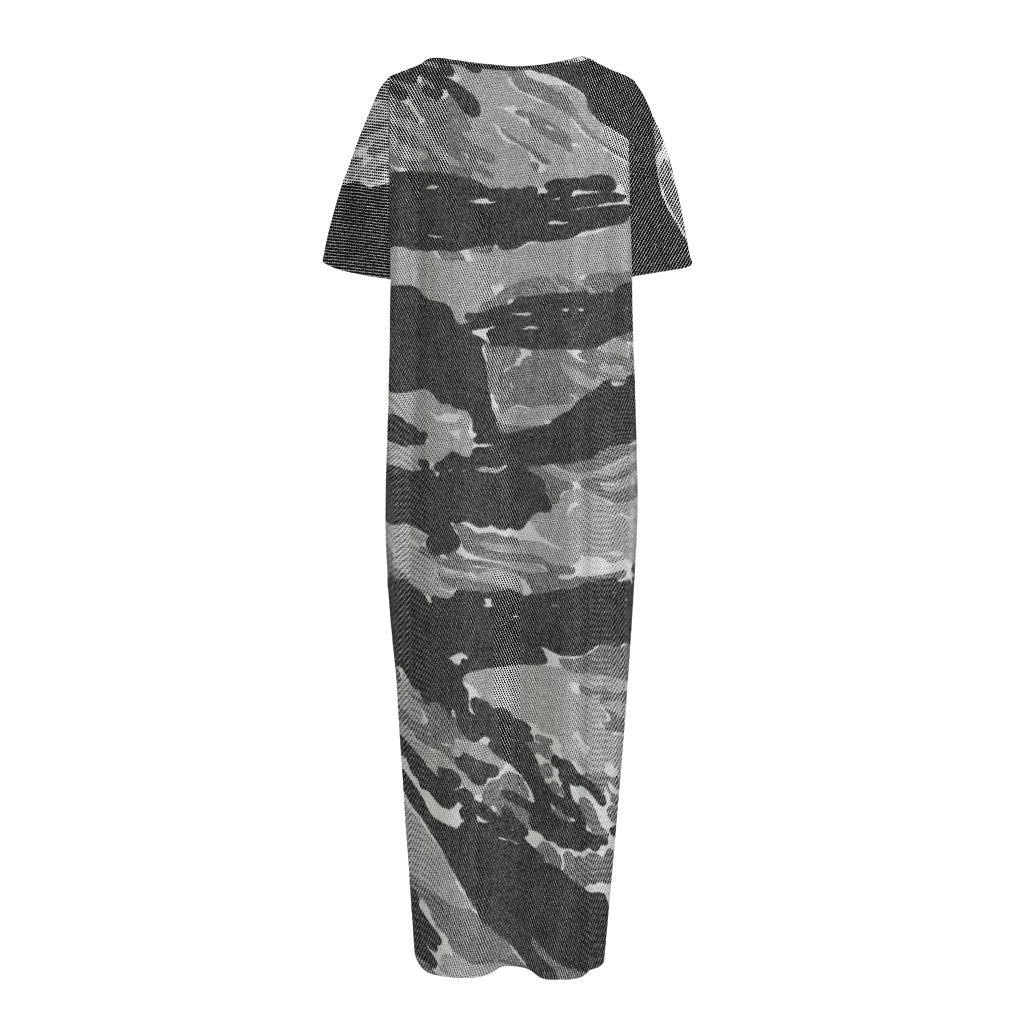 Grey Tiger Stripe Camouflage Print Short Sleeve Long Nightdress