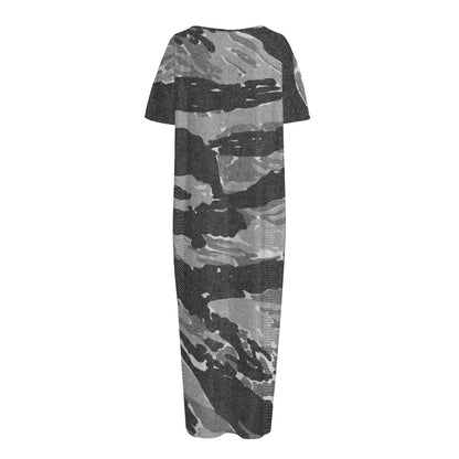 Grey Tiger Stripe Camouflage Print Short Sleeve Long Nightdress
