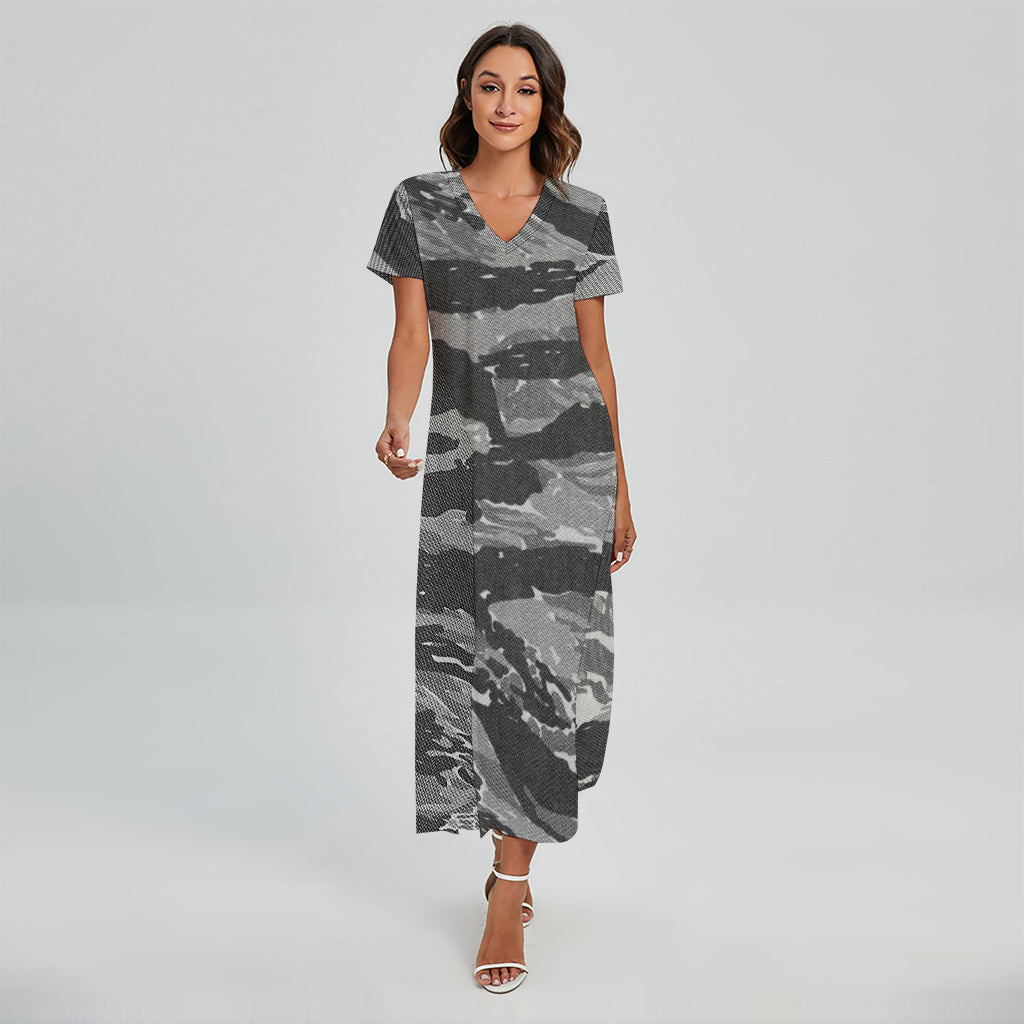 Grey Tiger Stripe Camouflage Print Short Sleeve Maxi Dress