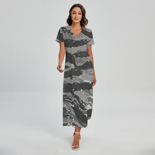 Grey Tiger Stripe Camouflage Print Short Sleeve Maxi Dress