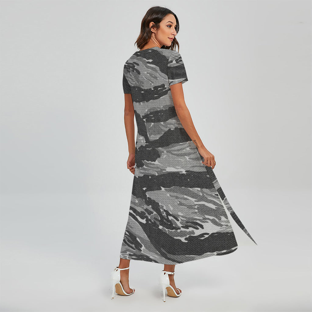 Grey Tiger Stripe Camouflage Print Short Sleeve Maxi Dress