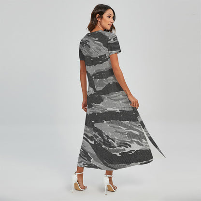 Grey Tiger Stripe Camouflage Print Short Sleeve Maxi Dress