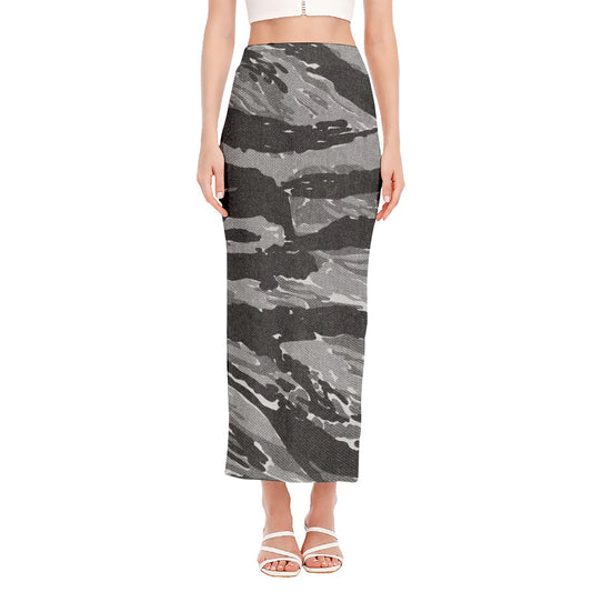 Grey Tiger Stripe Camouflage Print Side Slit Maxi Skirt