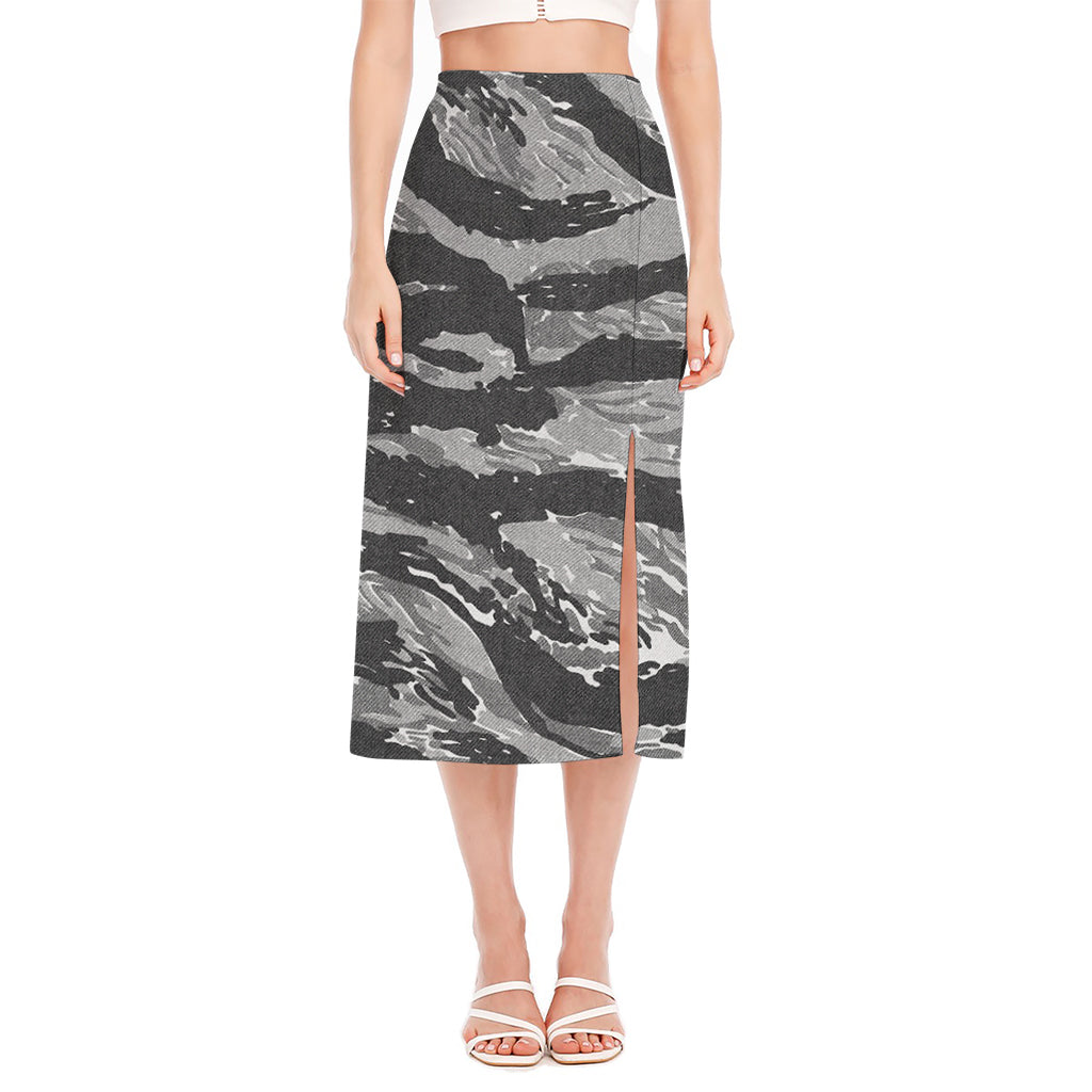 Grey Tiger Stripe Camouflage Print Side Slit Midi Skirt