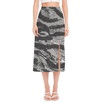 Grey Tiger Stripe Camouflage Print Side Slit Midi Skirt