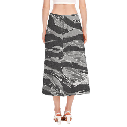 Grey Tiger Stripe Camouflage Print Side Slit Midi Skirt