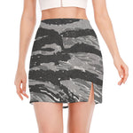 Grey Tiger Stripe Camouflage Print Side Slit Mini Skirt