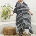 Grey Tiger Stripe Camouflage Print Silk V-Neck Kaftan Dress