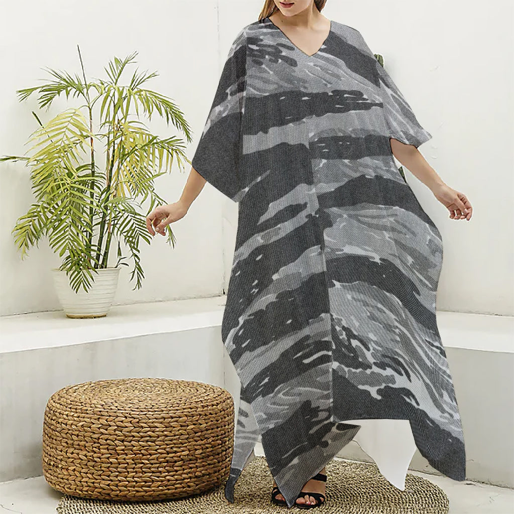 Grey Tiger Stripe Camouflage Print Silk V-Neck Kaftan Dress
