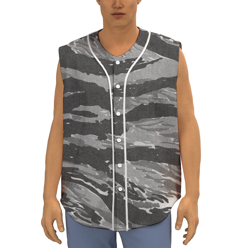 Grey Tiger Stripe Camouflage Print Sleeveless Baseball Jersey