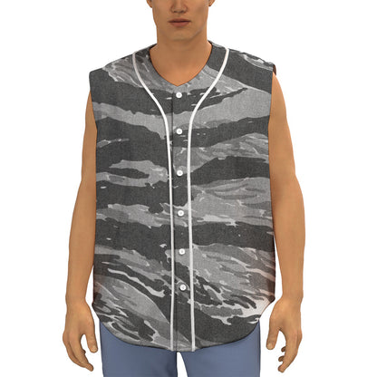 Grey Tiger Stripe Camouflage Print Sleeveless Baseball Jersey