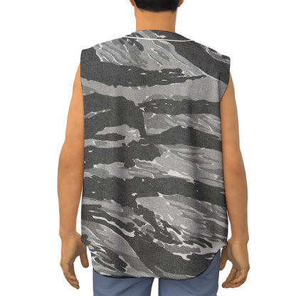 Grey Tiger Stripe Camouflage Print Sleeveless Baseball Jersey