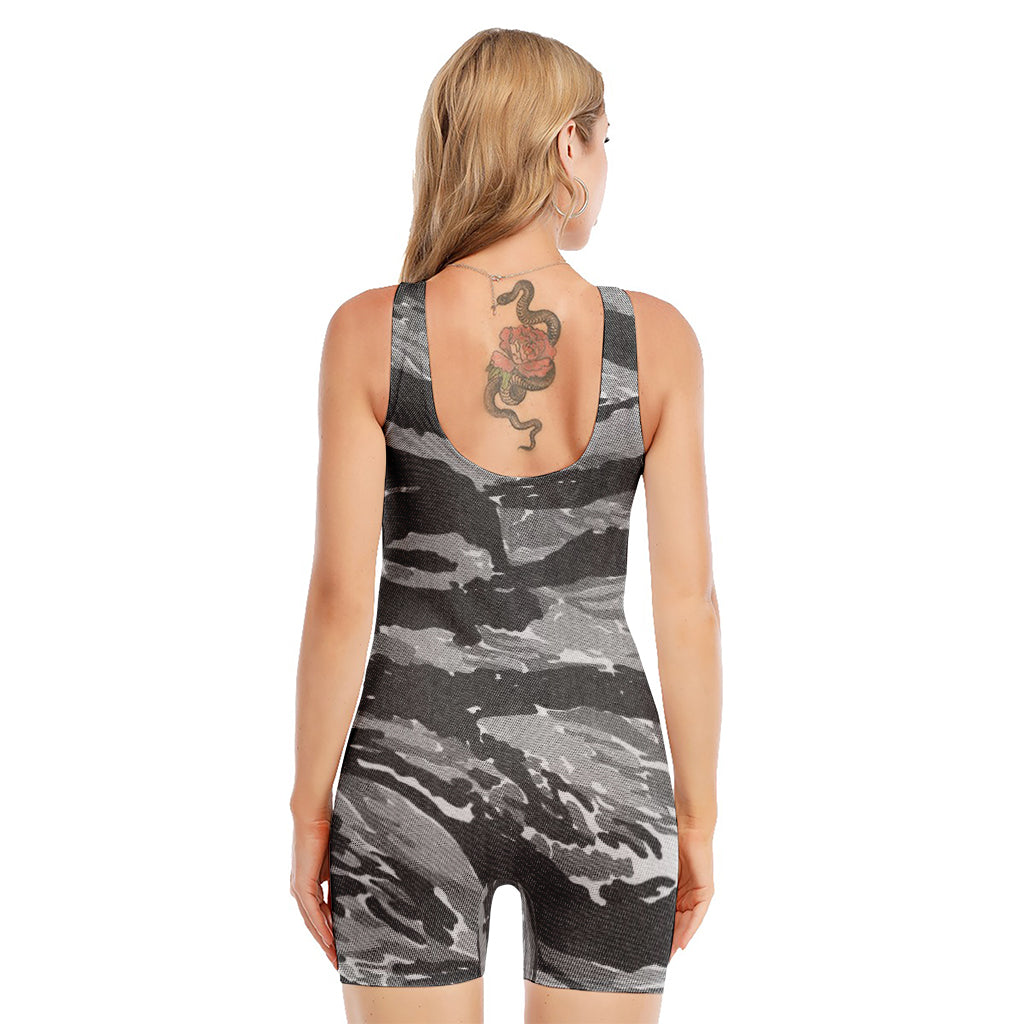 Grey Tiger Stripe Camouflage Print Sleeveless One Piece Swimsuit