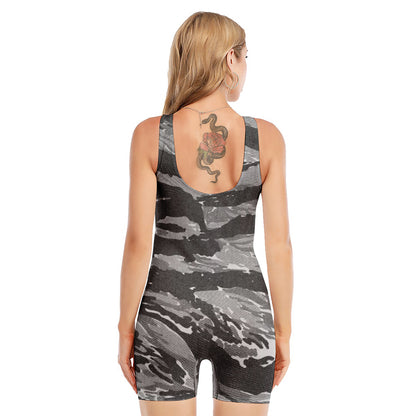 Grey Tiger Stripe Camouflage Print Sleeveless One Piece Swimsuit