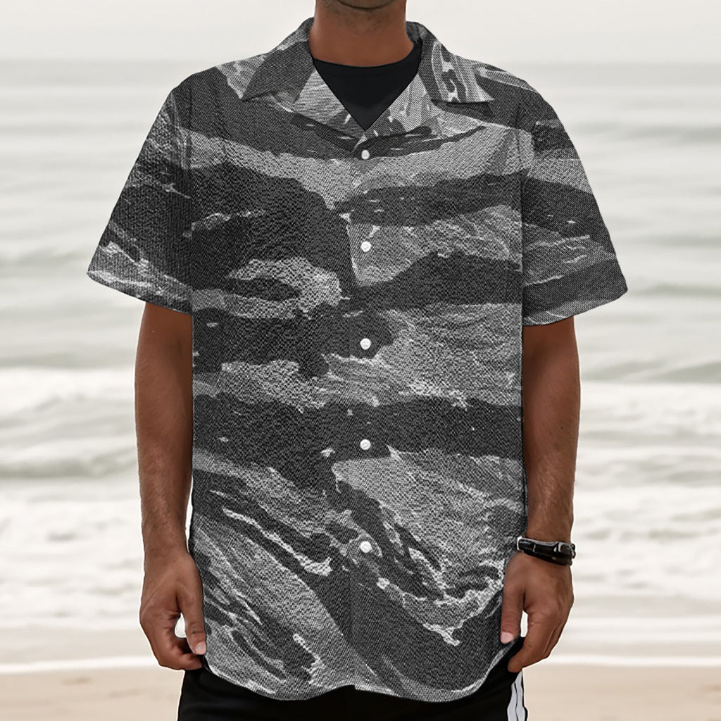 Grey Tiger Stripe Camouflage Print Textured Short Sleeve Shirt