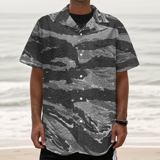 Grey Tiger Stripe Camouflage Print Textured Short Sleeve Shirt