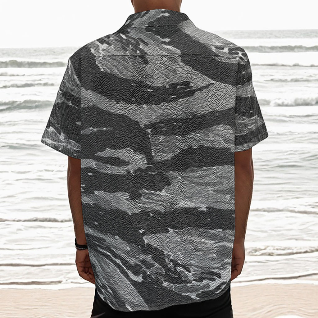 Grey Tiger Stripe Camouflage Print Textured Short Sleeve Shirt