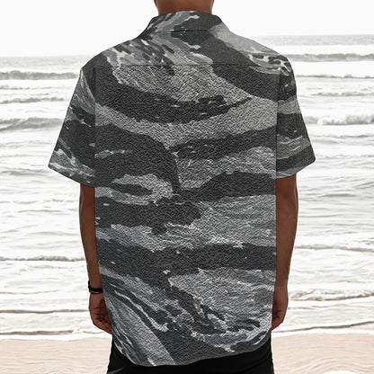 Grey Tiger Stripe Camouflage Print Textured Short Sleeve Shirt