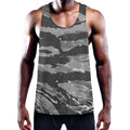 Grey Tiger Stripe Camouflage Print Men's Workout Tank Top