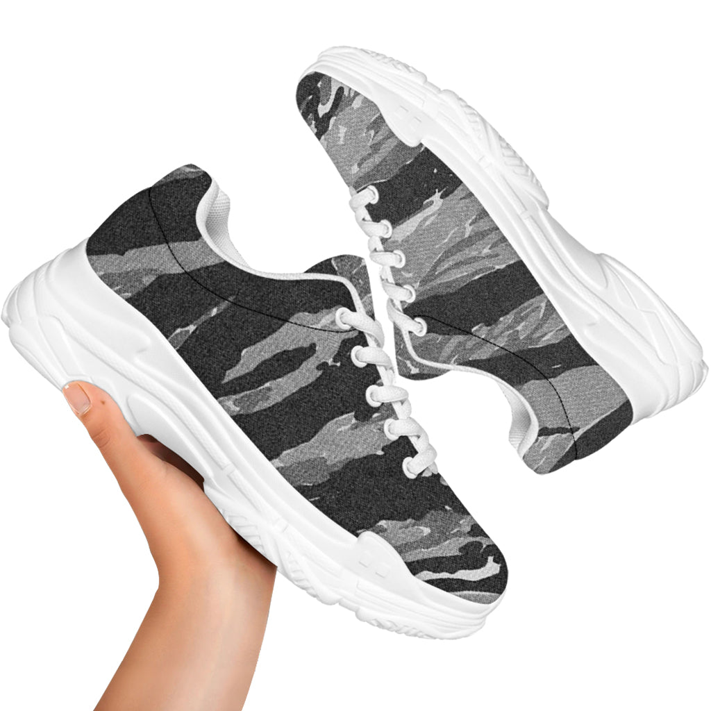 Grey Tiger Stripe Camouflage Print White Chunky Shoes