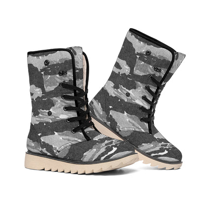 Grey Tiger Stripe Camouflage Print Winter Boots