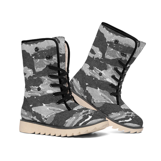 Grey Tiger Stripe Camouflage Print Winter Boots