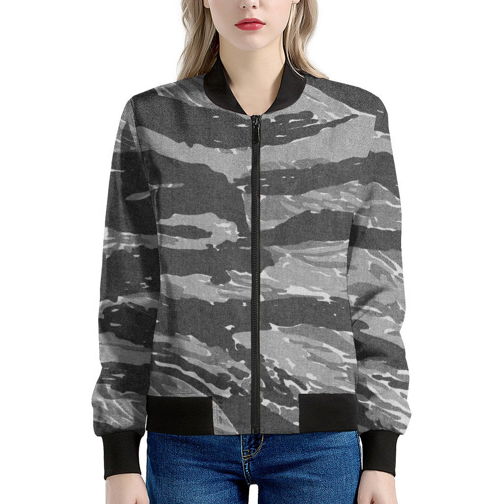 Grey Tiger Stripe Camouflage Print Women's Bomber Jacket