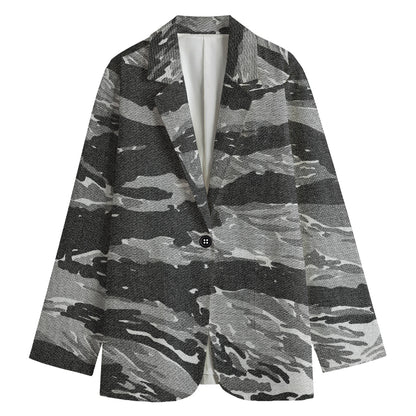 Grey Tiger Stripe Camouflage Print Women's Cotton Blazer