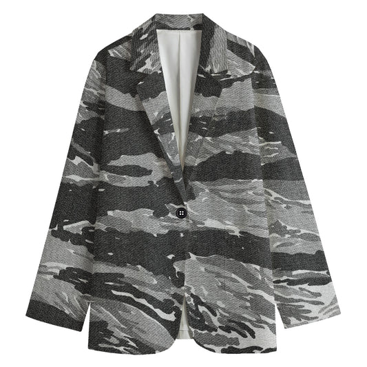 Grey Tiger Stripe Camouflage Print Women's Cotton Blazer